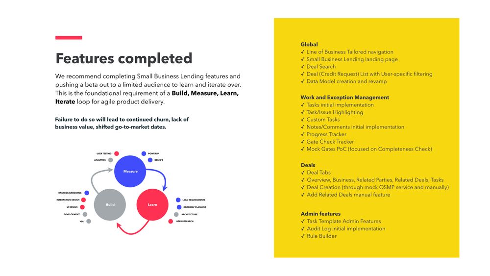 Example of documenting features completed with build measure learn model and checklist of what was done.